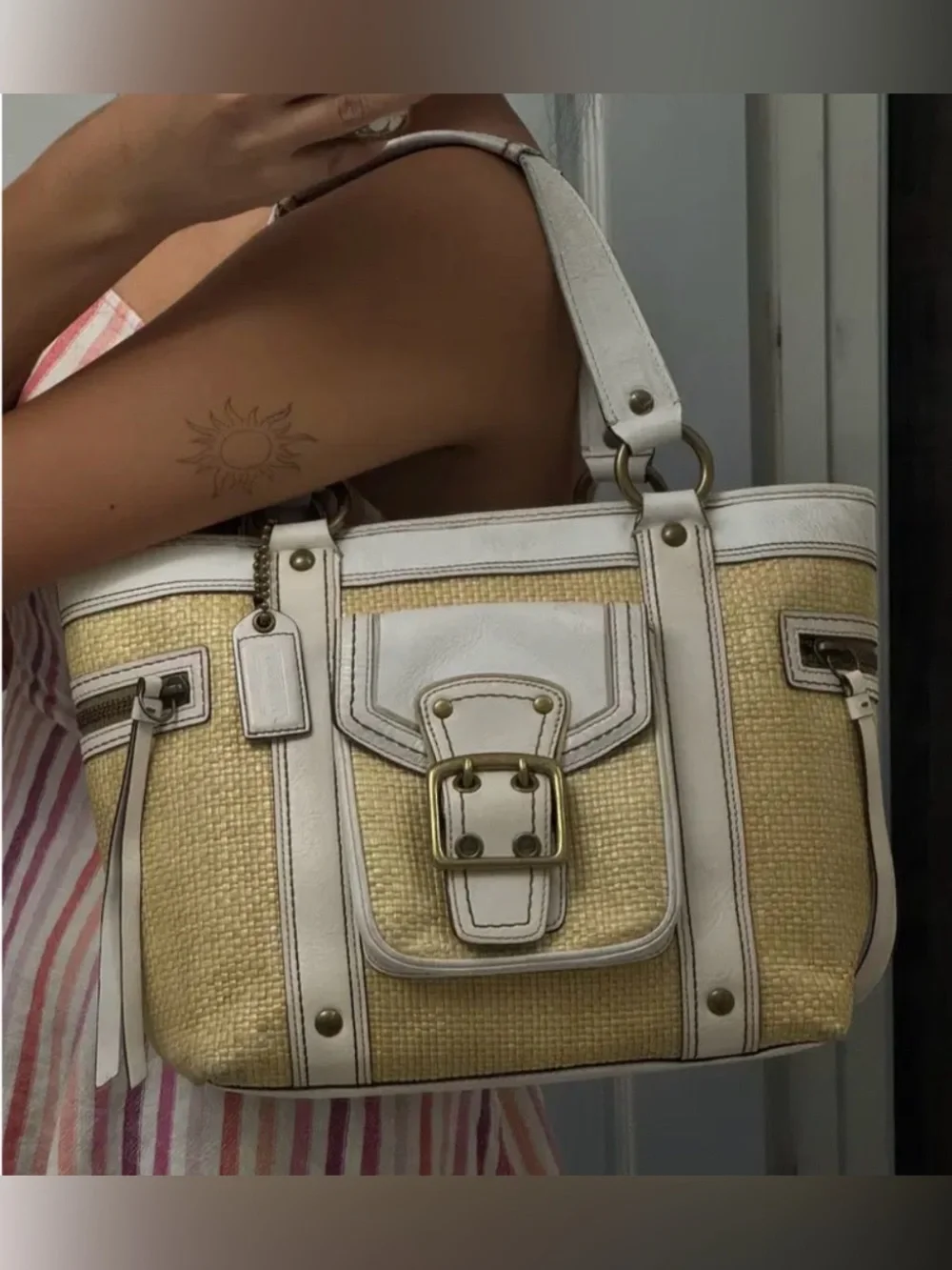 COACH BAG Y2K NATURAL STRAW WHITE LEATHER TRIM LEGACY HANDBAG TOTE